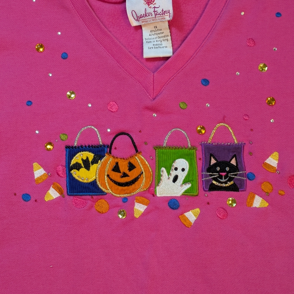 Quacker Factory Halloween V-Neck‎ Sweatshirt, Embroidered & Embellished, Sz 2X - Picture 5 of 10